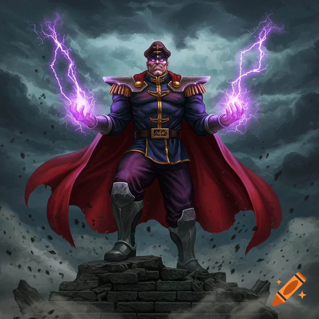A powerful military-clad character with a red cape stands on a ruined structure, casting purple lightning.
