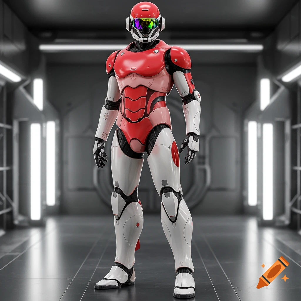 A red and white robot with a multicolored visor stands in a futuristic corridor.