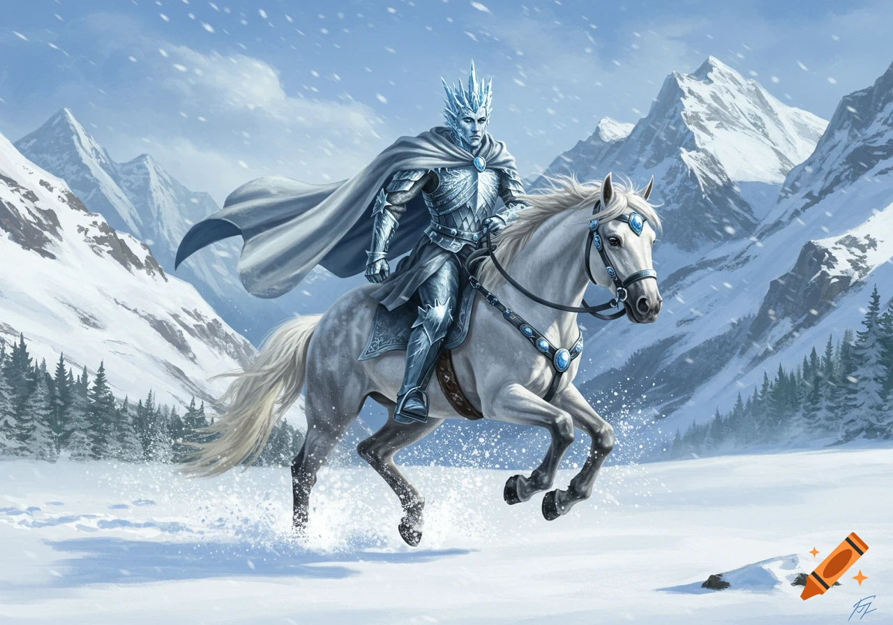 A regal ice king in armor rides a white horse through a snowy mountain landscape with falling snow.