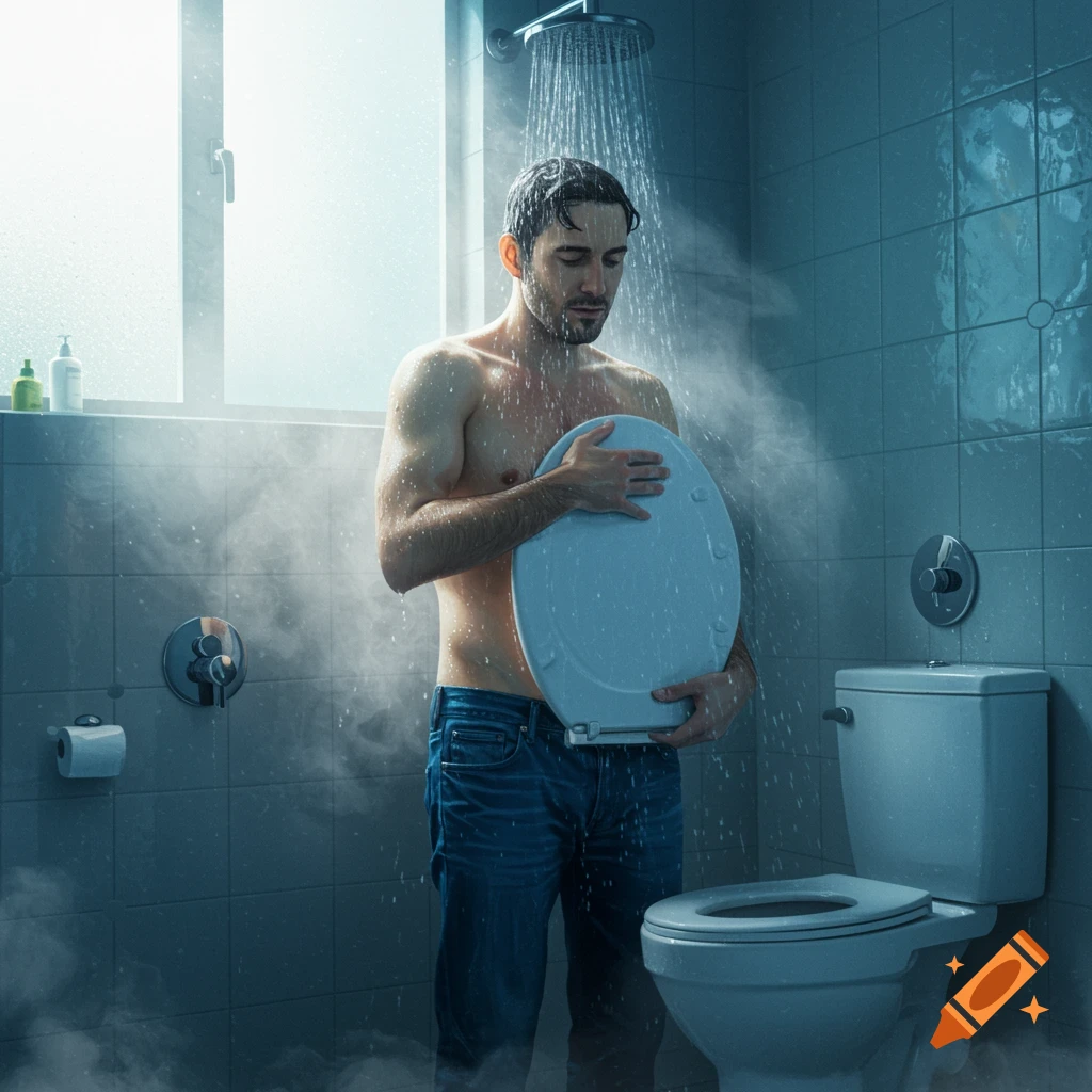 A man in jeans stands in a steamy shower, hugging a white toilet seat to his chest. Photorealistic.