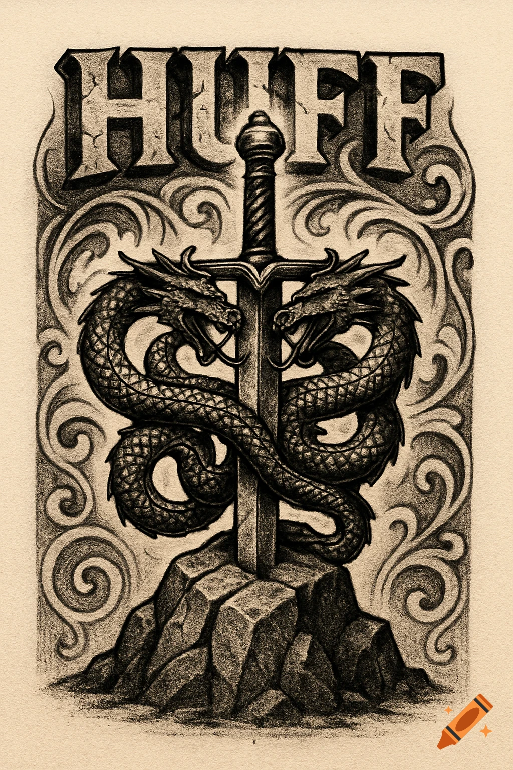 A stylized charcoal drawing depicts two dragons wrapped around a sword stuck in rocks, with the word "HUFF" in stone letters above.