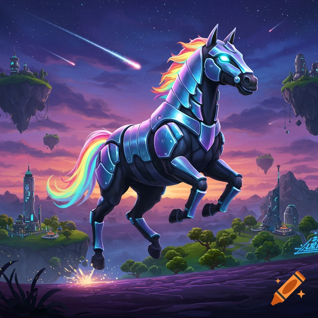 An armored horse with rainbow mane and glowing blue eyes stands in a vibrant, futuristic landscape with floating islands and shooting stars.