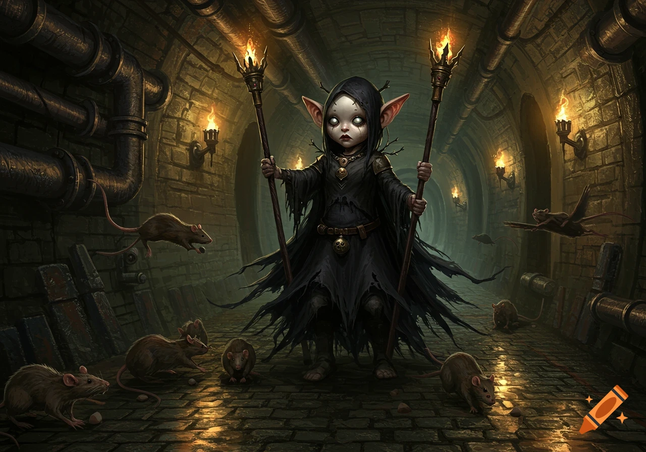 A doll-like creature in black robes with glowing eyes holds two torches in a dark, rat-infested sewer. Digital art.