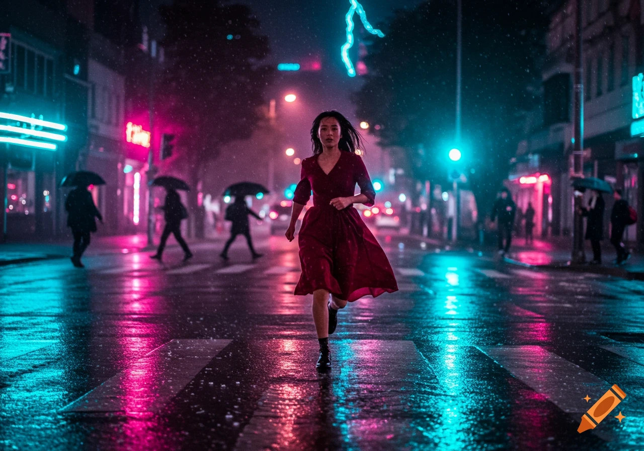 A woman in a red dress runs on a wet city street at night, illuminated by vibrant neon lights and falling rain.