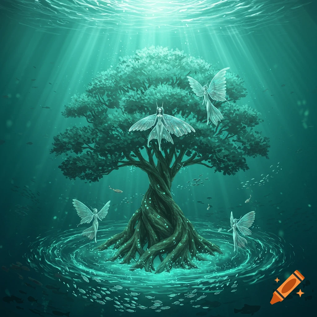 Fantasy illustration of an ancient tree underwater with glowing roots and ethereal winged figures, surrounded by fish and sunlight.