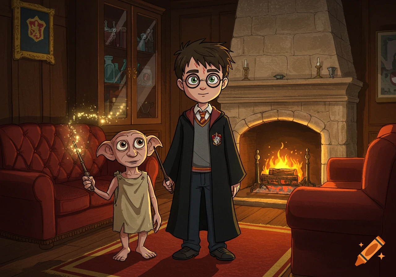 Cartoon of Harry Potter and Dobby standing in a warm, cozy room by a fireplace, both holding wands with Dobby's sparking.