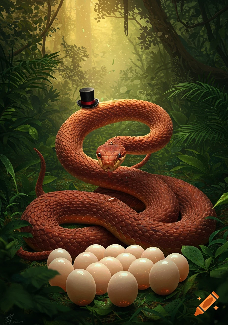 A brown and red snake wearing a top hat coils around a clutch of eggs in a lush green jungle.