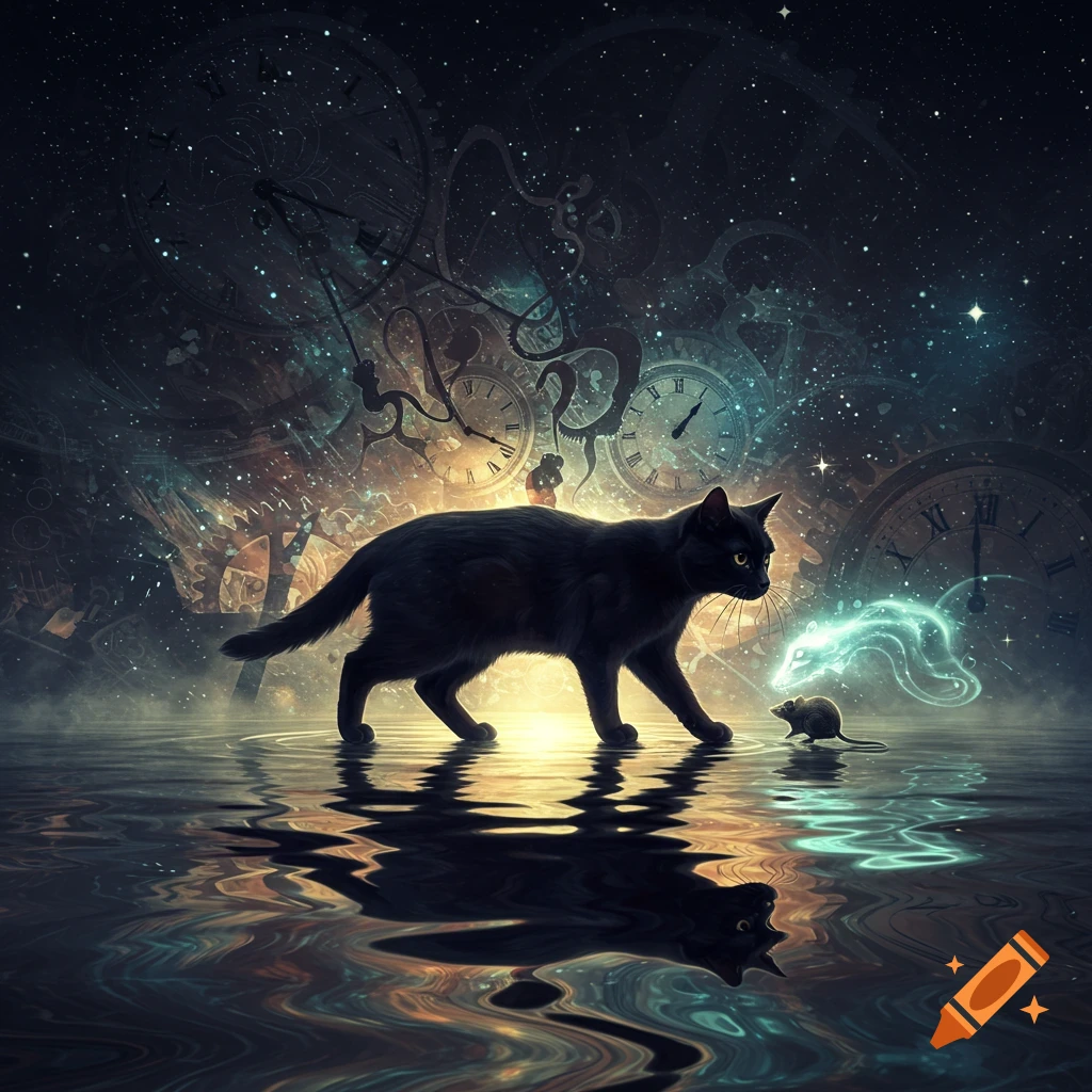 A black cat stalks a glowing mouse on reflective water under a cosmic sky filled with clocks and stars.