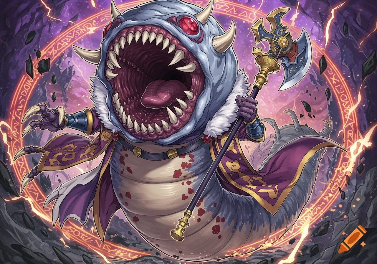 A monstrous, worm-like creature with a wide, toothy maw, wearing a purple robe and holding an ornate axe, against a background of glowing magical runes.
