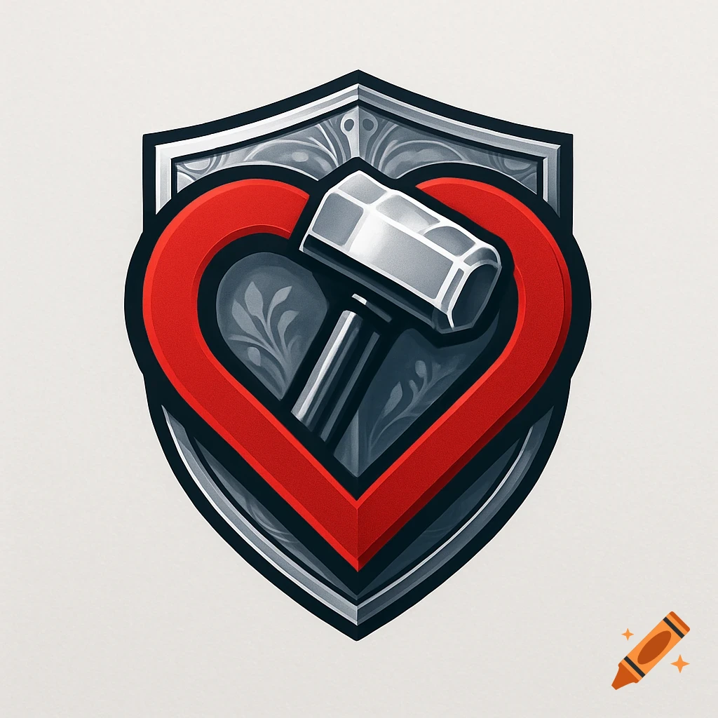 A stylized logo featuring a silver shield with a red heart overlaying it, containing a grey hammer.
