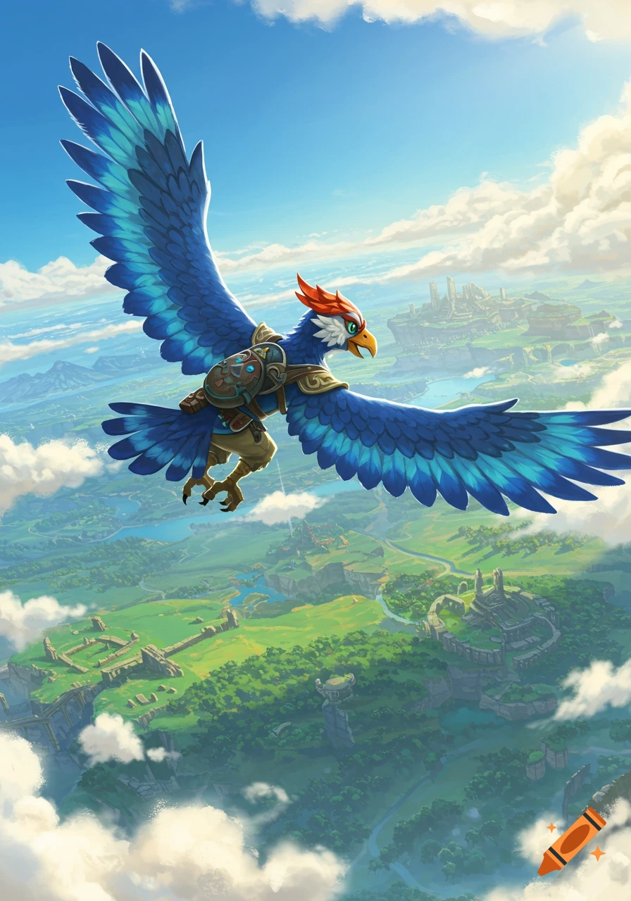 Tulin, a blue Rito, flies with wide wings over a vast green landscape with ruins and clouds.