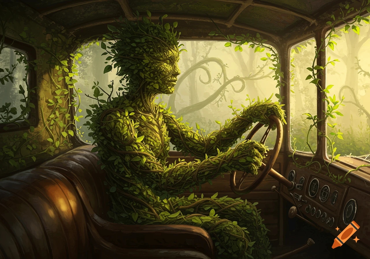 A fantasy creature formed from green leaves and vines drives an old, overgrown car through a sunlit forest.