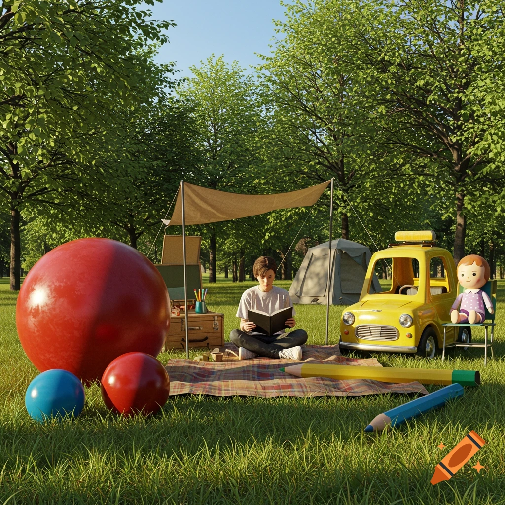 A boy reads a book on a plaid blanket at a campsite with a tent, toy car, doll, large balls, and giant pencils.