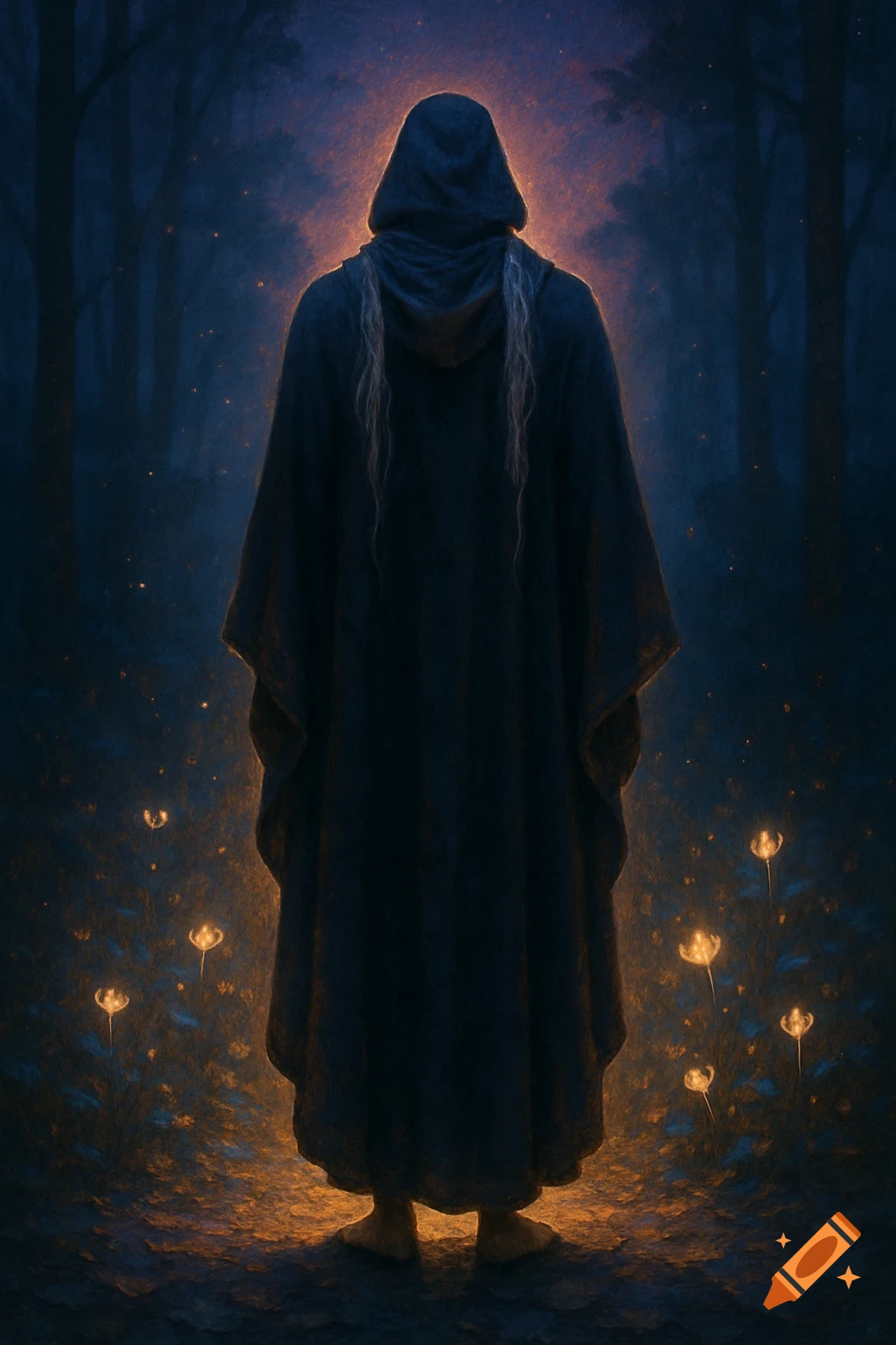 A hooded figure stands in a dark, glowing forest at night, illuminated by orange light.