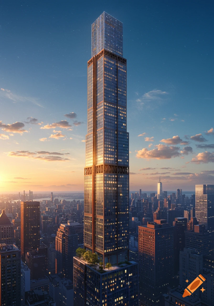 Photorealistic view of a modern skyscraper dominating a city skyline at sunset.