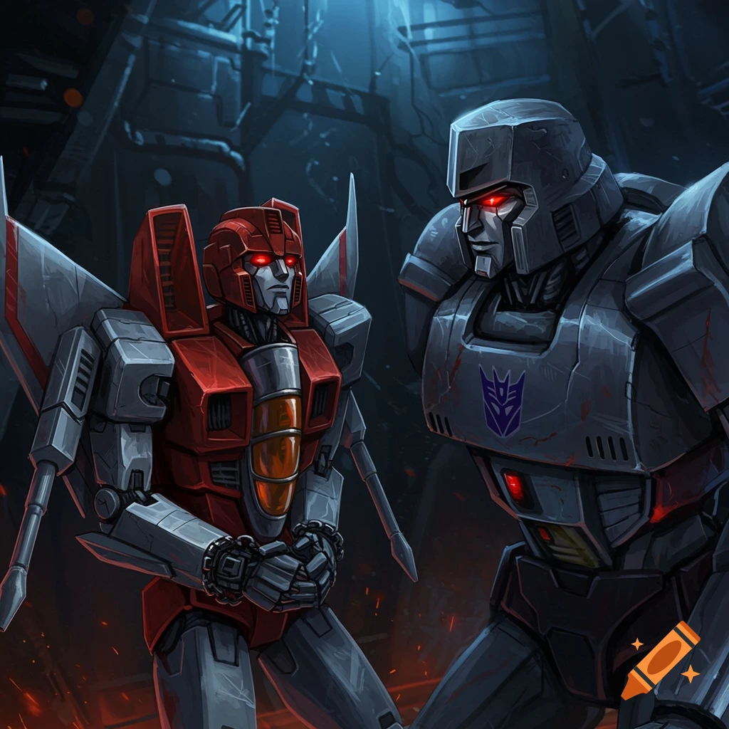 Megatron inspects Starscream in a dark, metallic environment. Starscream is in a captive pose with chained hands. Both robots have glowing red eyes and battle damage.