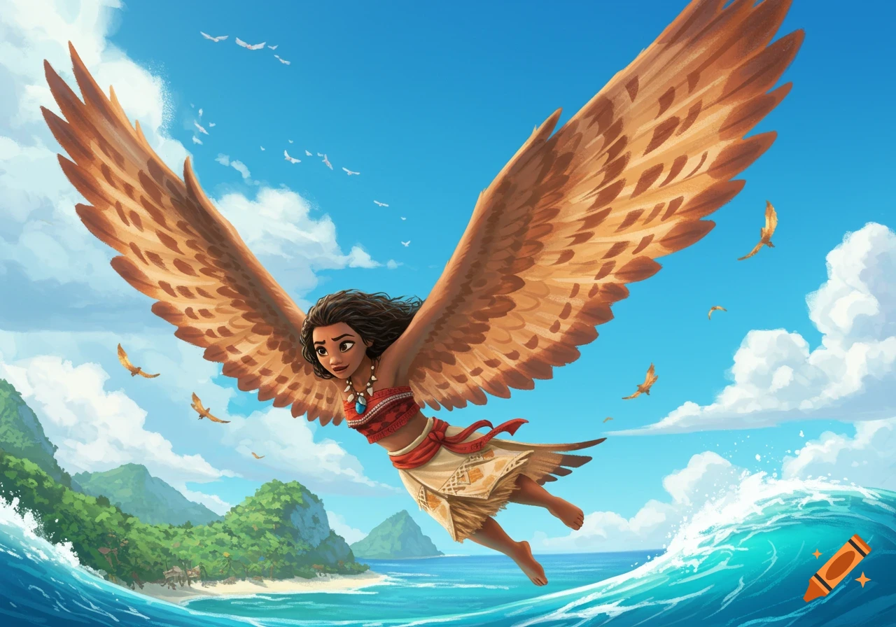 Moana with large feathered wings flies over a tropical ocean with islands and waves, in an animated style.