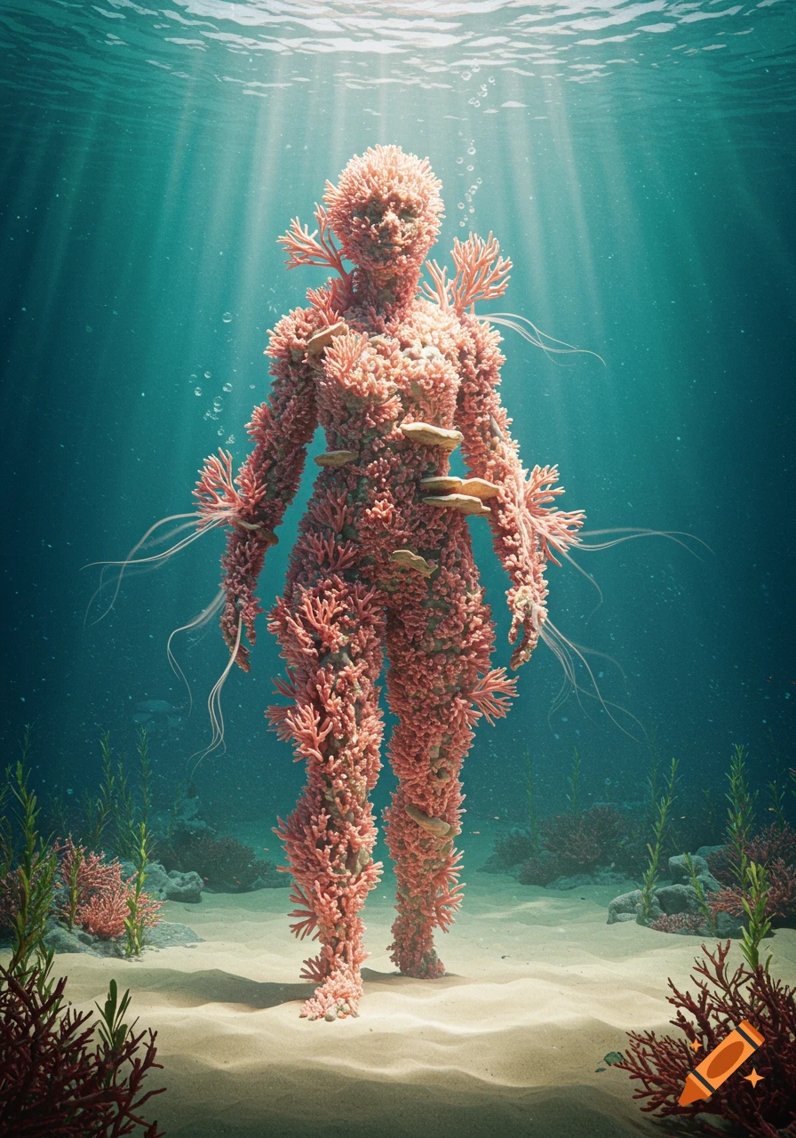 A human-shaped figure made entirely of pink coral stands on a sandy ocean floor, illuminated by sun rays from above.