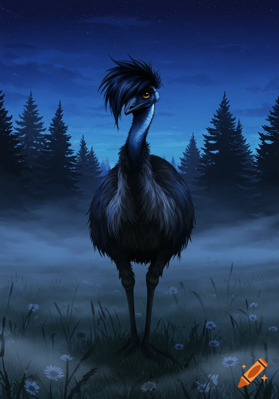 An emo emu with spiky dark blue hair stands in a misty, moonlit forest at night, with dark pine trees in the background.