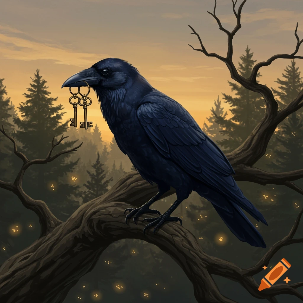 A black crow perches on a gnarled tree branch at dusk, holding two ornate golden keys in its beak, with a pine forest and warm sky in the background.