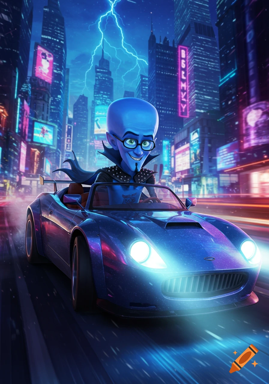 Megamind drives a blue sports car through a vibrant, neon-lit futuristic city with lightning in the sky.