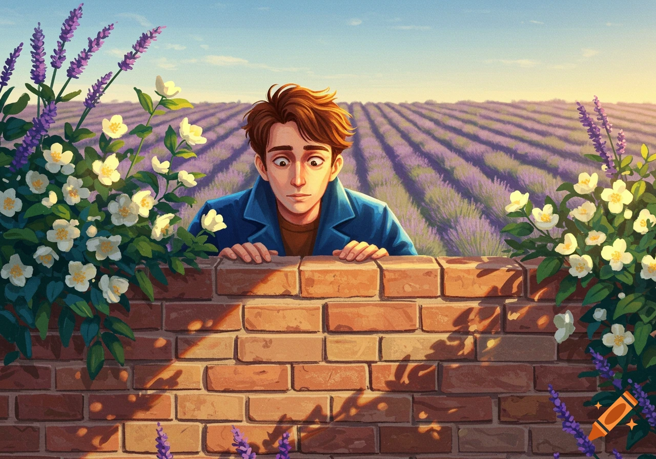 An illustrated man peers over a brick wall surrounded by flowers, looking at a lavender field under a sunny sky.