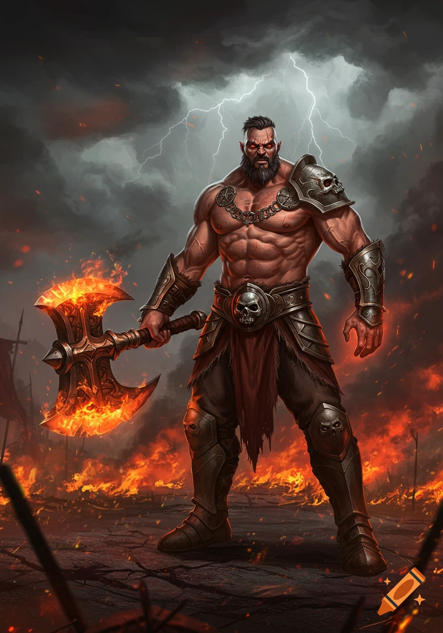 A muscular, battle-scarred warrior stands in a fiery landscape with lightning overhead, holding a large flaming axe. Digital art style.