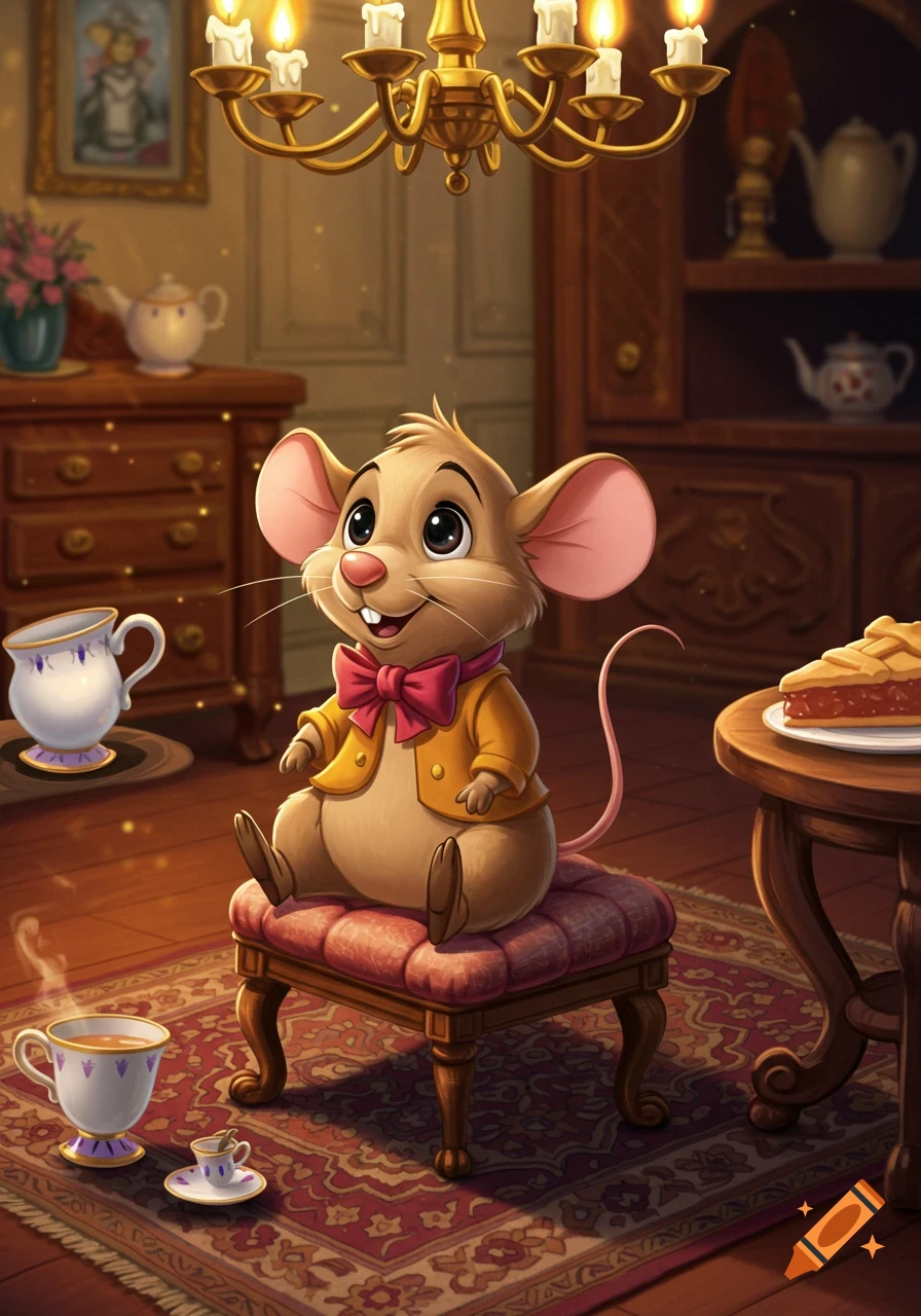 A cute cartoon mouse in a yellow jacket and pink bow tie sits on a stool in a cozy, chandelier-lit room with tea and pie.