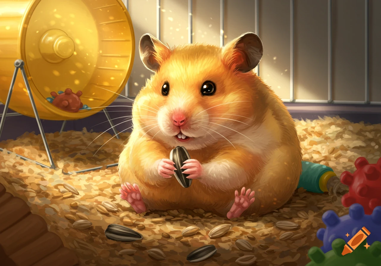 A cute golden hamster sits in its cage, holding a sunflower seed, with a yellow wheel and bedding around it, in an illustrative style.