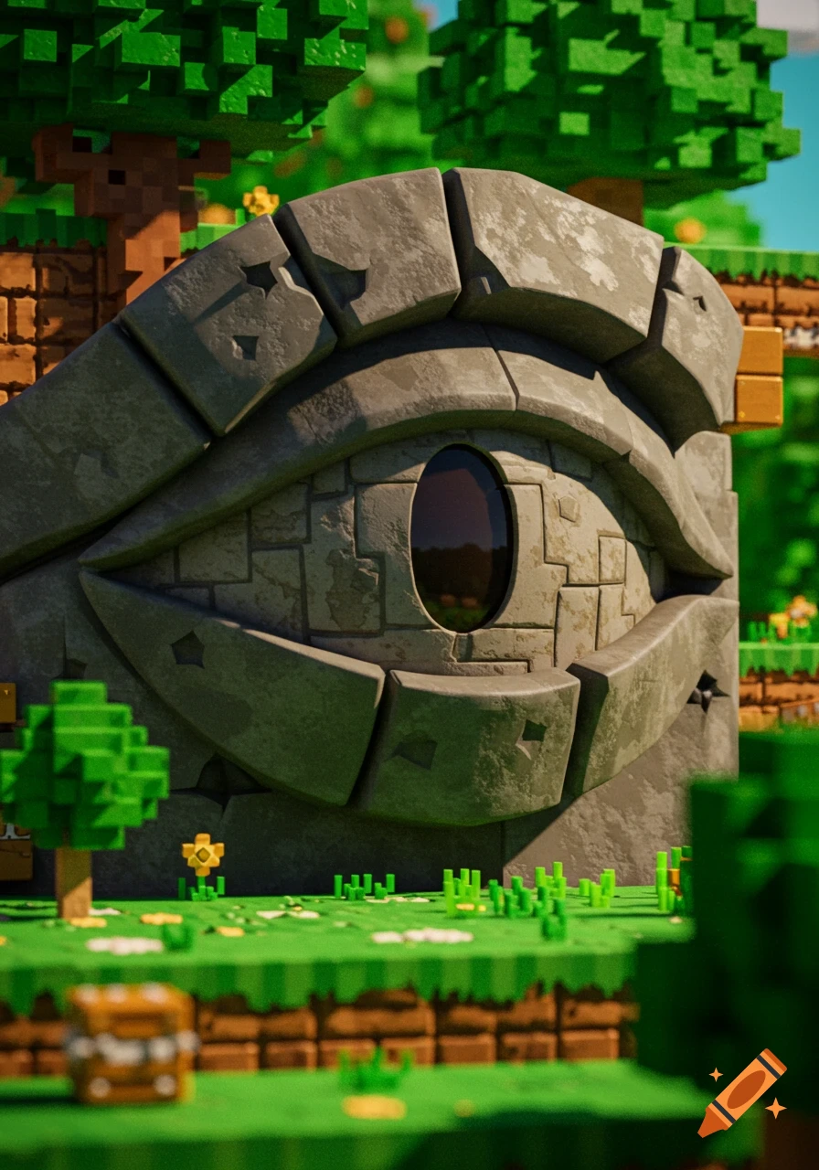 A large stone eye structure made of blocks, set in a vibrant pixelated green landscape with trees and flowers.
