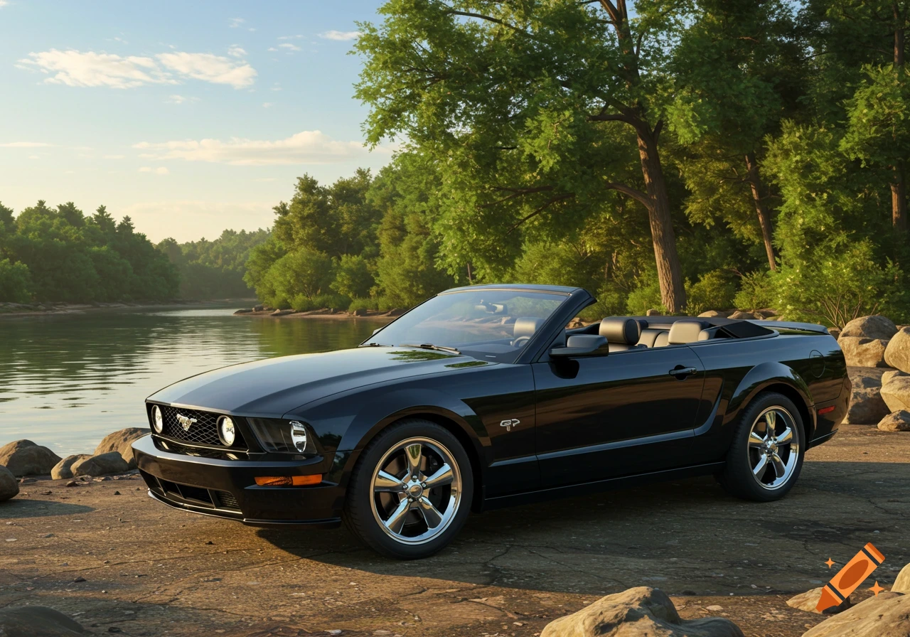A black convertible Ford Mustang GT parked on a dirt path next to a tranquil river, surrounded by lush green trees under a partly cloudy sky.