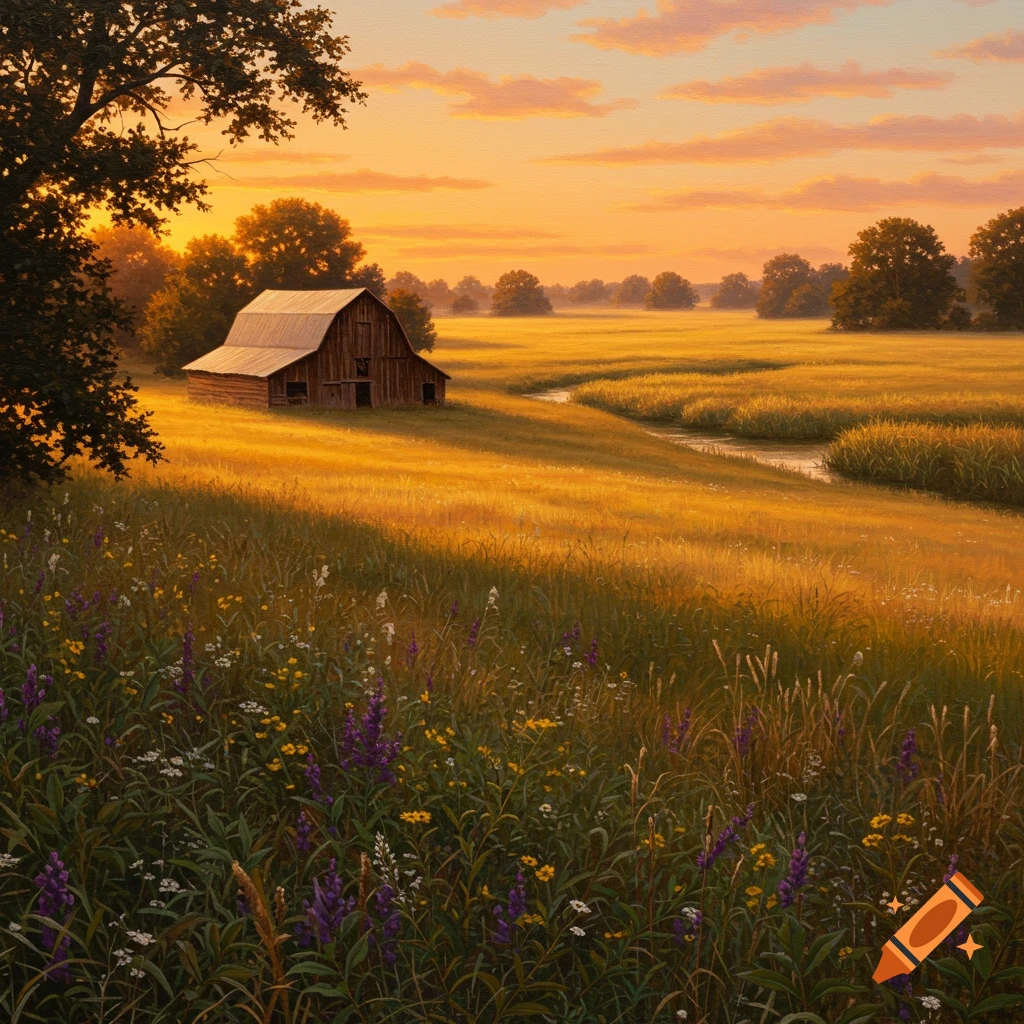 A rustic barn stands in a sunlit golden field with a winding stream and a large tree in the foreground, under an orange and yellow sky.