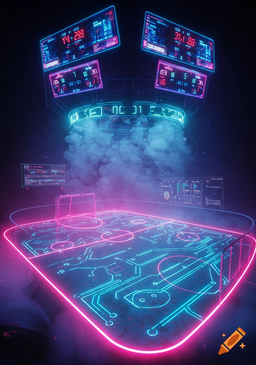 A futuristic hockey rink glowing with neon pink and blue lights, resembling a circuit board, with digital scoreboards above.