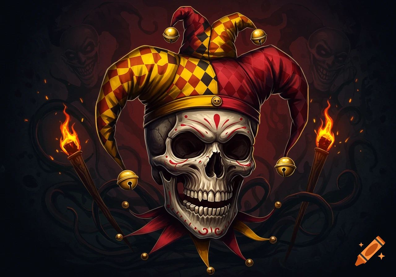 Detailed drawing of a grinning skull in a red and yellow jester hat, flanked by burning torches, on a dark, shadowy background.