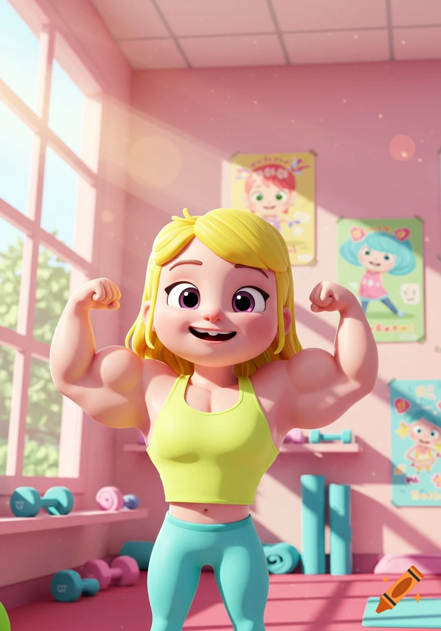 A smiling 3D cartoon blonde woman in a gym flexes her large muscles. Pink walls, exercise equipment, and posters are in the background.