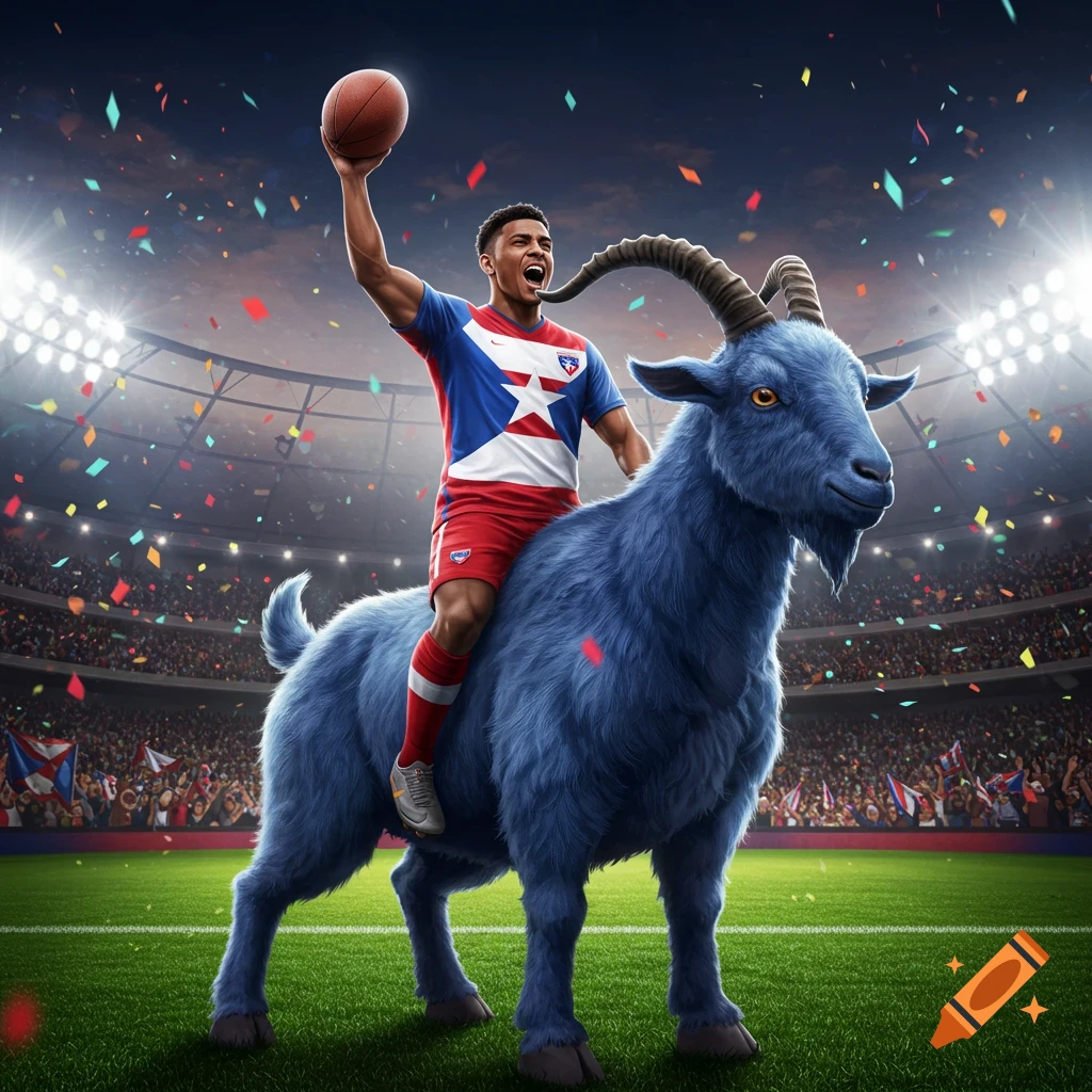 A cheering man in a Puerto Rican flag jersey rides a blue goat, holding a football aloft in a stadium filled with confetti.