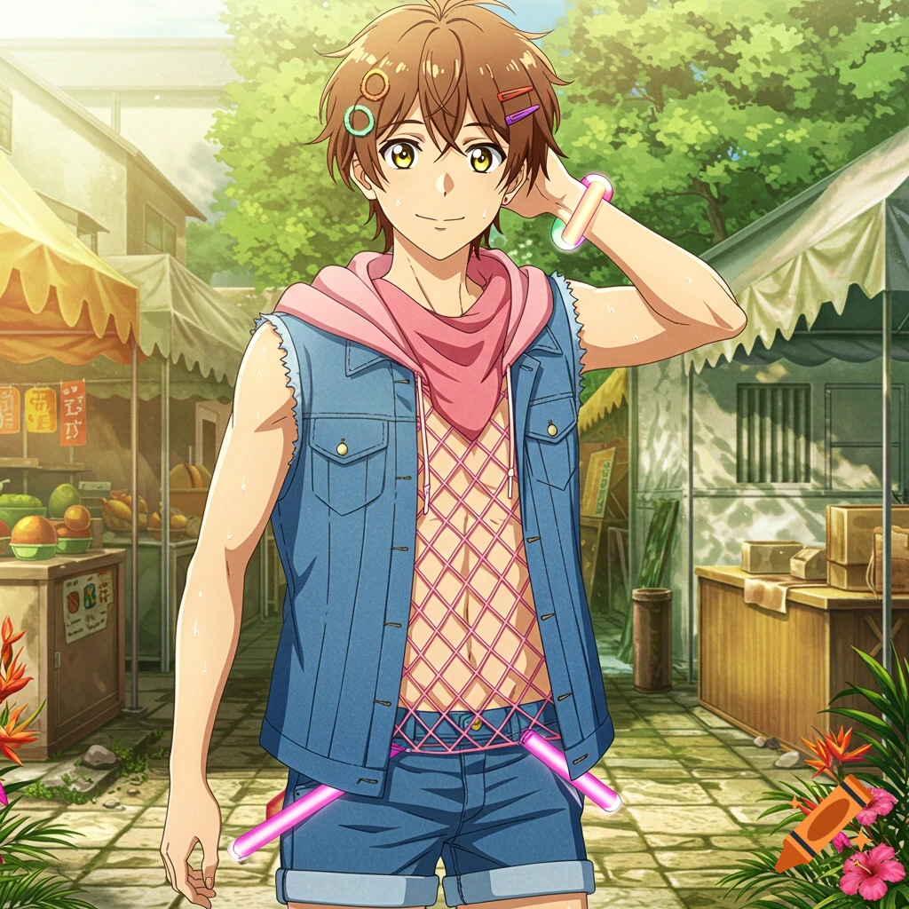 Anime boy with brown hair and golden eyes, wearing a denim vest over a pink fishnet top and denim shorts, standing in an outdoor market.