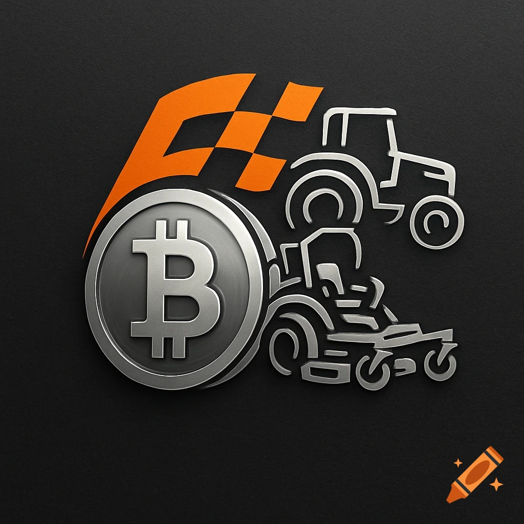 A logo featuring a silver Bitcoin coin, an orange checkered racing flag, and outlines of a tractor and a zero-turn mower against a dark background.