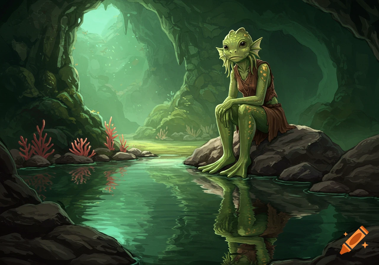 A green amphibian humanoid with golden flecks sits by a reflective pool inside a lush, green cavern.