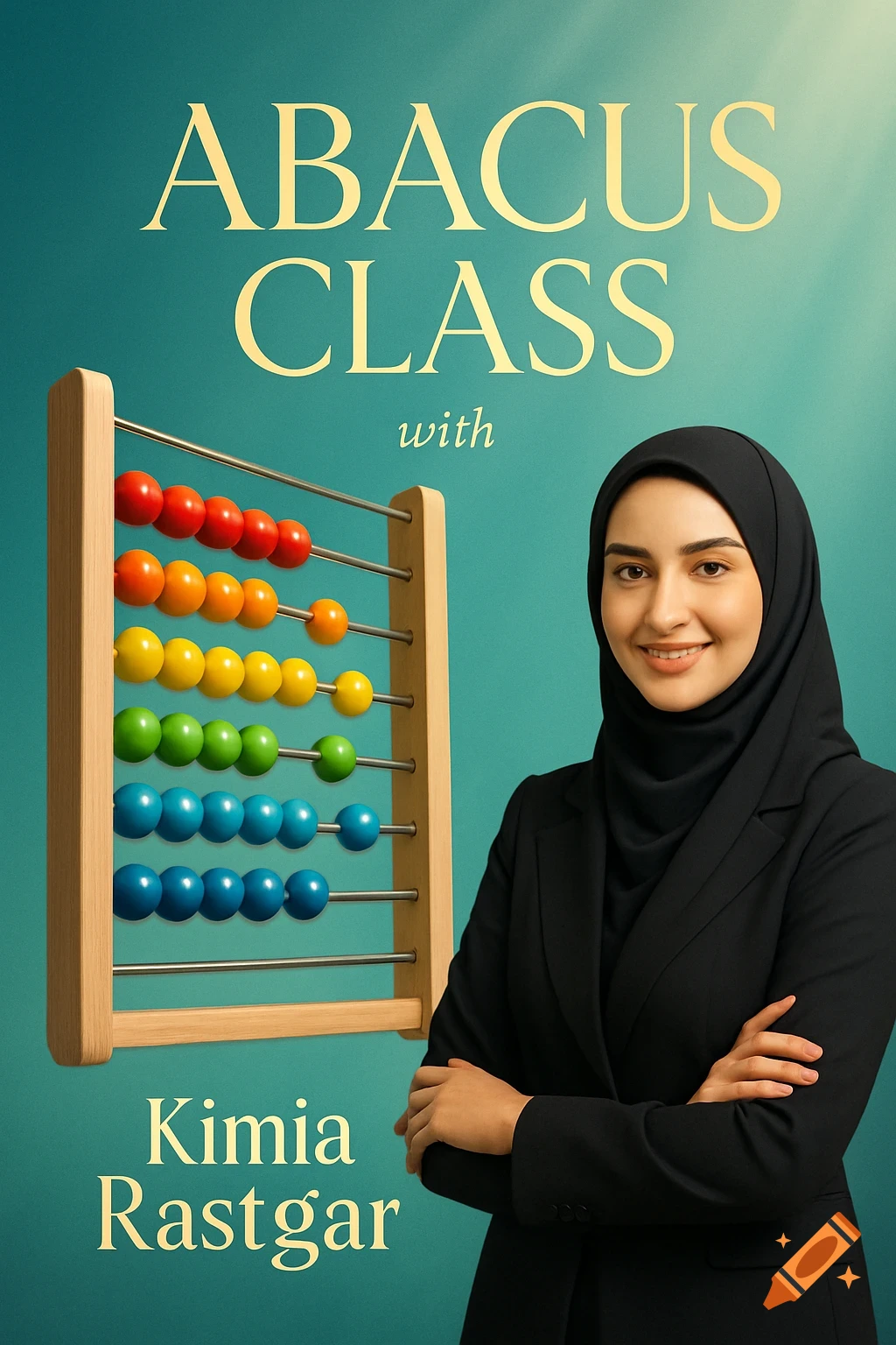 Photorealistic poster for an abacus class, featuring a smiling woman in a hijab next to a colorful abacus. Text: ABACUS CLASS with Kimia Rastgar.