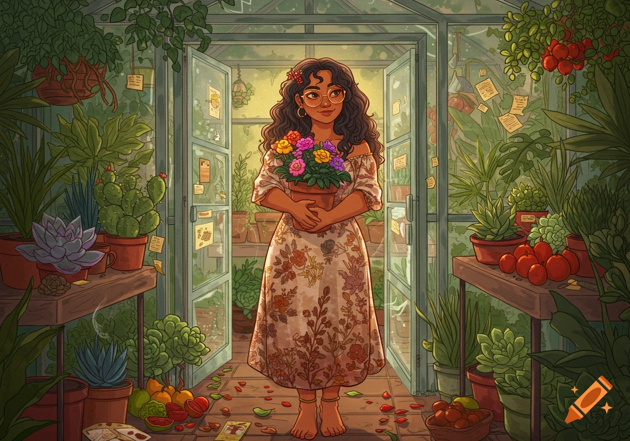 An illustration of a young woman with wavy dark hair and glasses standing in a greenhouse, holding a pot of colorful flowers.