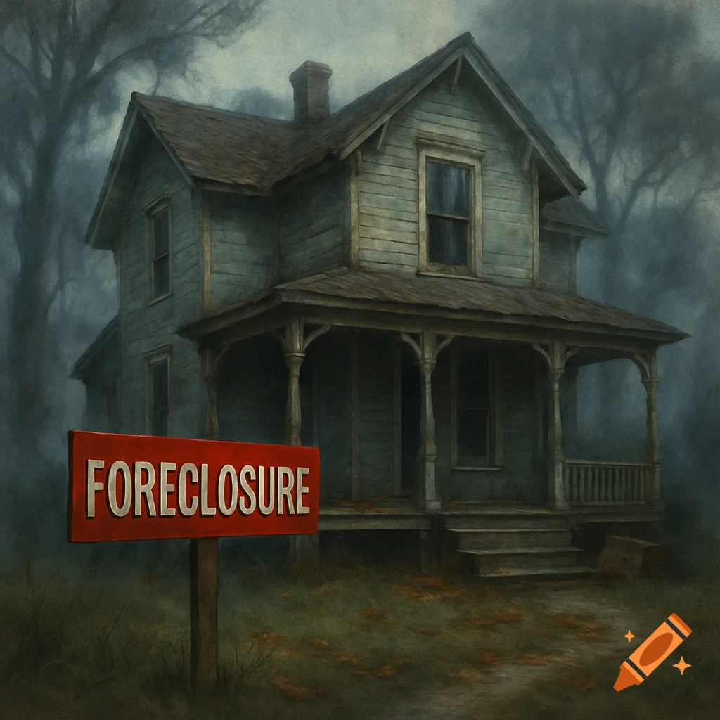 A gloomy, old wooden house with a red foreclosure sign in the overgrown front yard, under a dark, misty sky.
