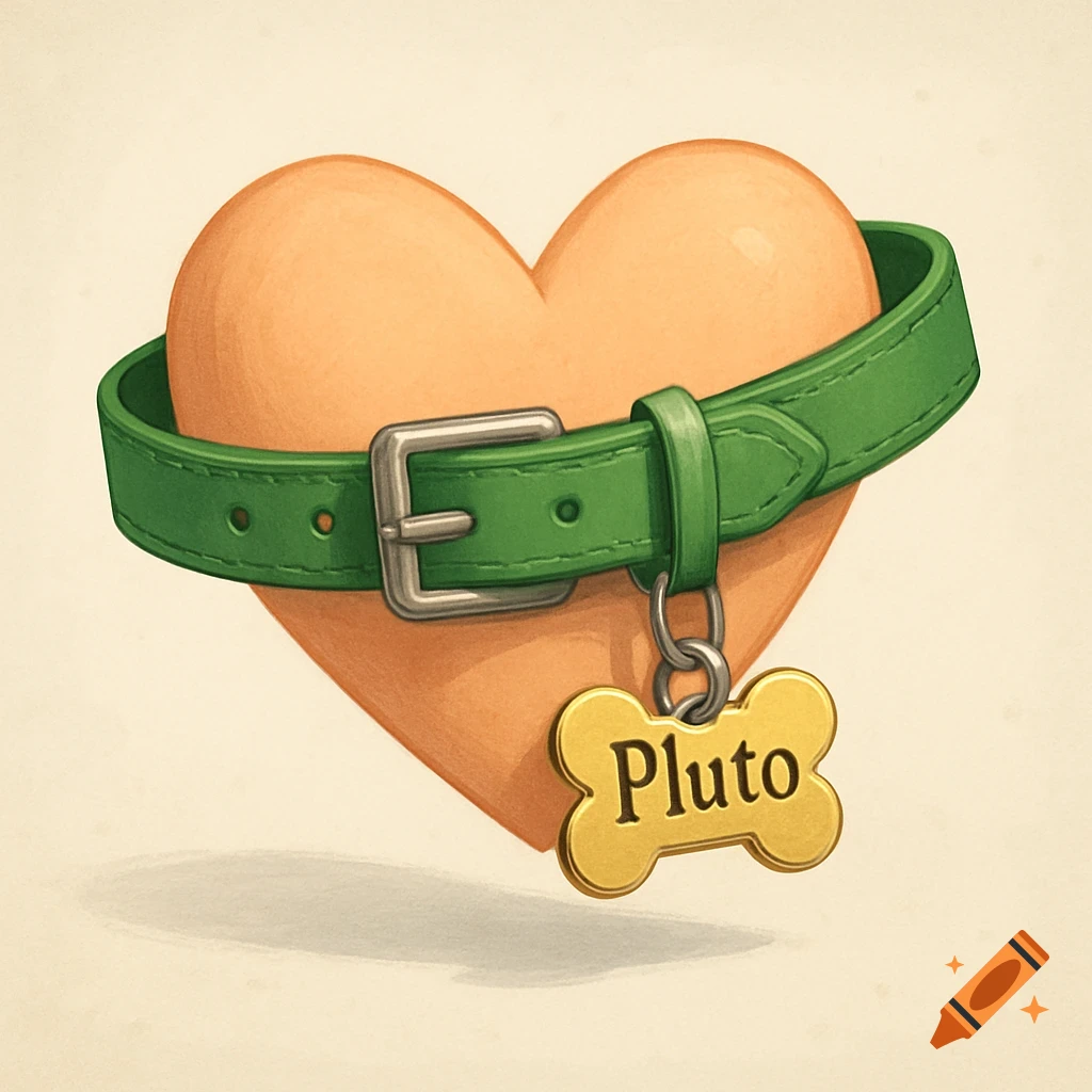 A light orange heart wearing a green dog collar with a bone-shaped tag that reads 'Pluto' on it, in an illustrative style.