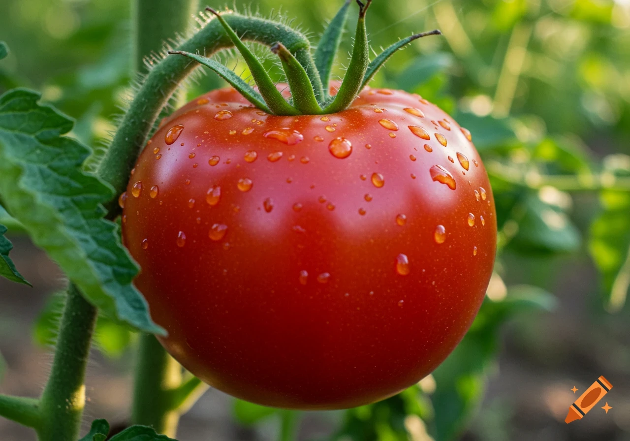 A vibrant red tomato covered in dew drops, hanging from a green vine in a sunlit garden, photorealistic style.