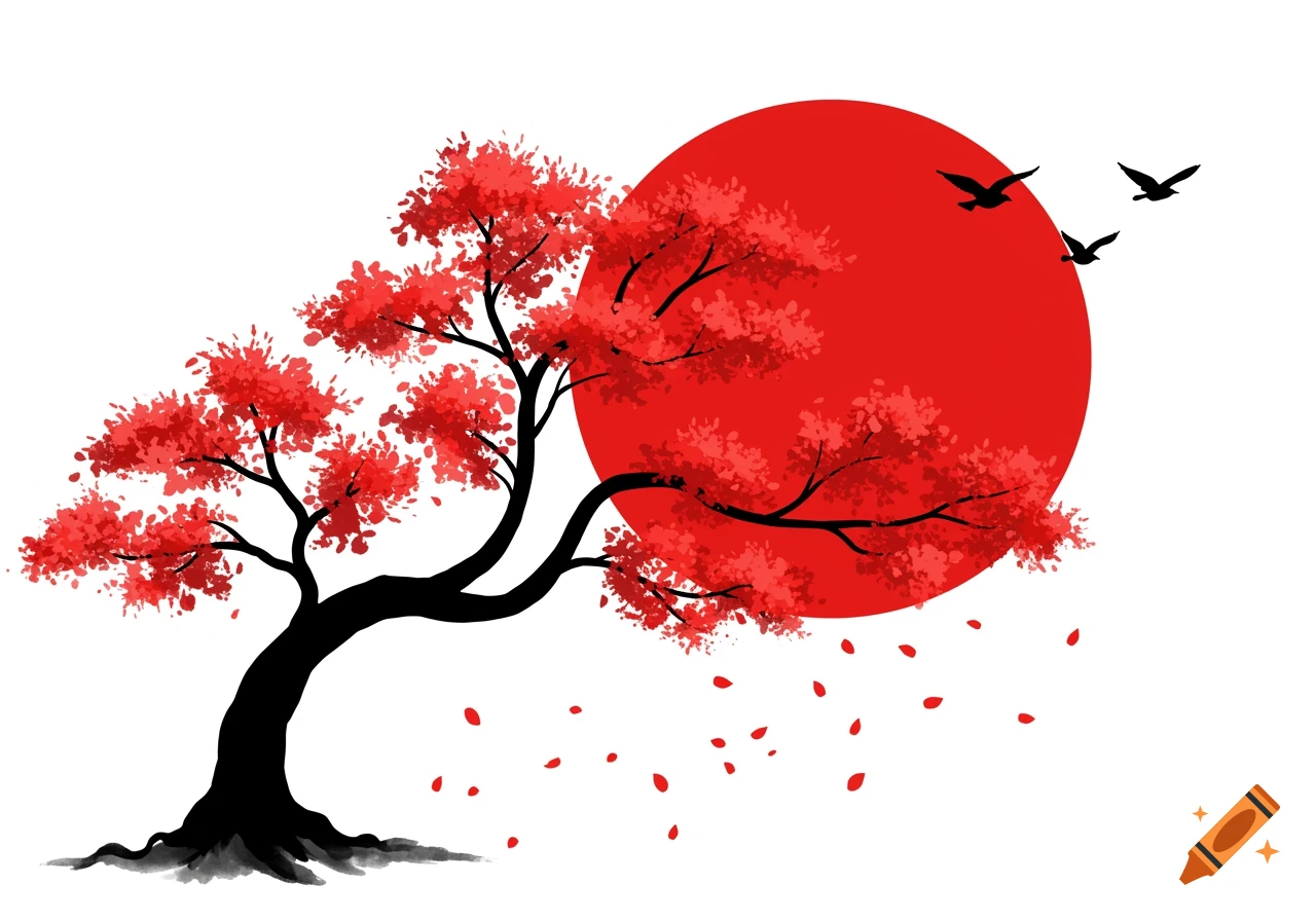 Stylized Japanese illustration of a cherry blossom tree with red leaves, falling petals, a red sun, and silhouette birds.