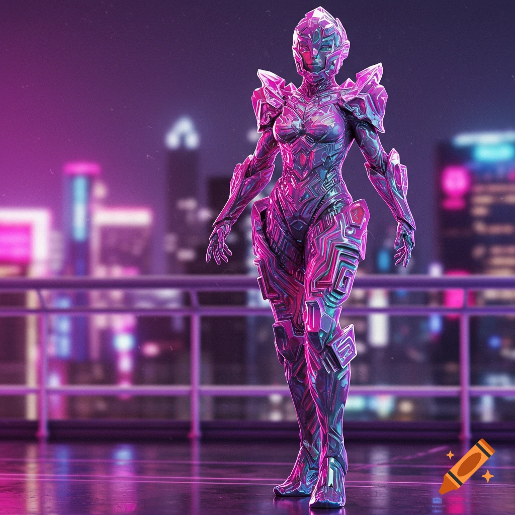 A female superhero in a shimmering, iridescent bismuth-inspired suit stands on a rooftop overlooking a neon-lit futuristic city at night.