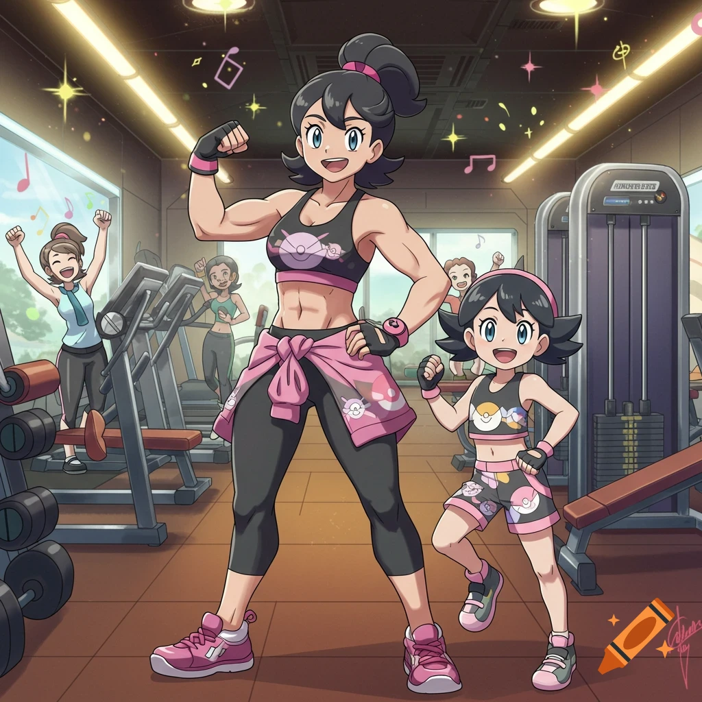 Dot's muscular mom flexes her arm with Dot in a gym, while other people exercise in the background in an anime style.