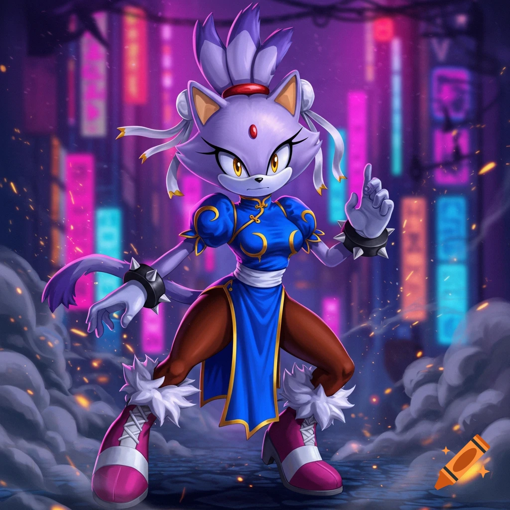 Blaze the Cat, a purple cat character from Sonic, dressed in Chun-Li's blue cheongsam, red tights, and spiked bracelets, stands in a stylized neon city.