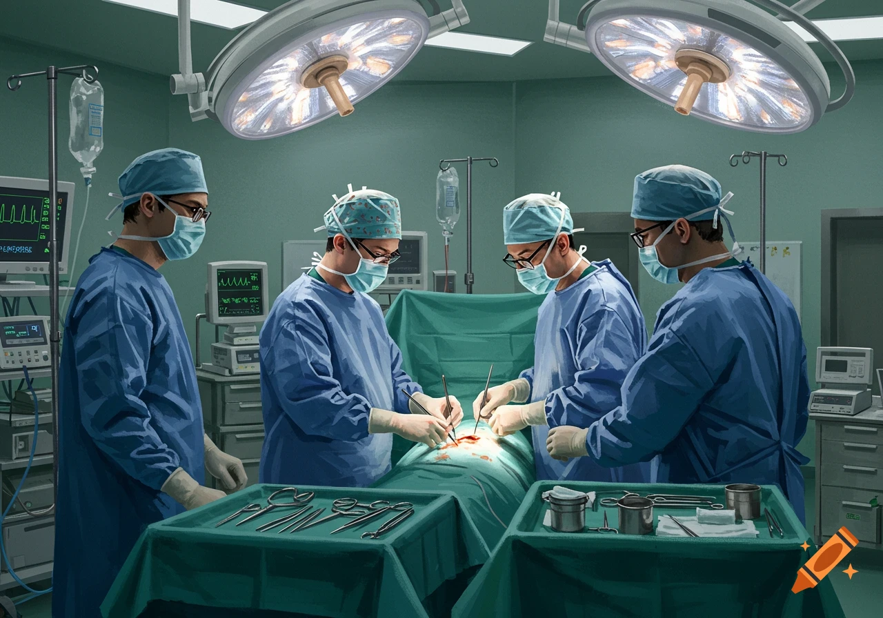 Four surgeons in blue scrubs and masks perform surgery in a brightly lit operating room, surrounded by medical equipment.