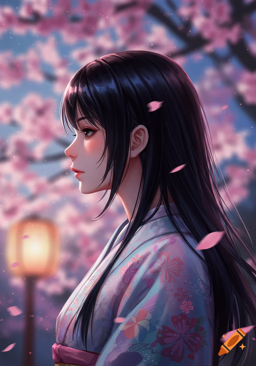 Anime girl with long black hair in a patterned kimono, standing in profile amidst pink cherry blossoms and a glowing lantern.